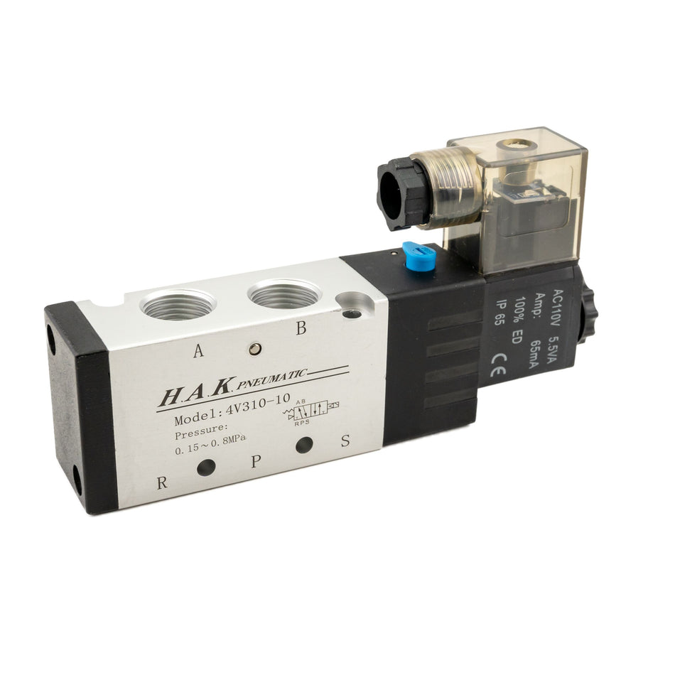 HAK Pneumatic (4 Way / 5 Port / 2 Position) Directional Single Coil Solenoid Valves, NPT 3/8” (4V310-10)