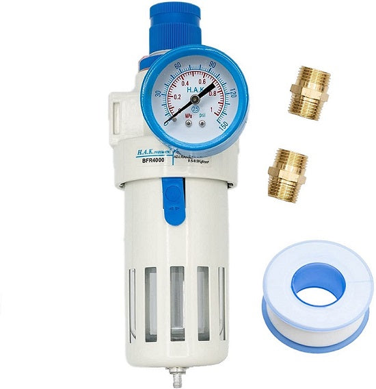 Filter-Regulator 1/2in Female NPT (Inlets/Outlets), 7.25-135 PSI Adjustable Range, Manual Drain, Single Gauge For Air Prep Components 40 μ (BFR4000).